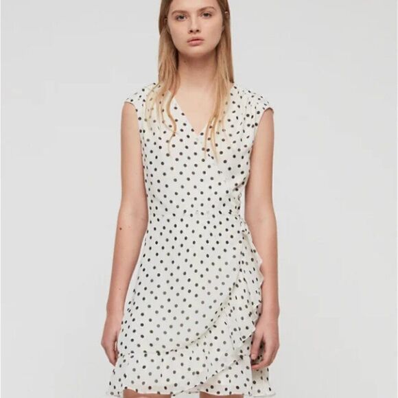 All Saints Dresses & Skirts - All Saints Dress Krystal Dot Wrap Ruffle White Black NWOT Sz Sm